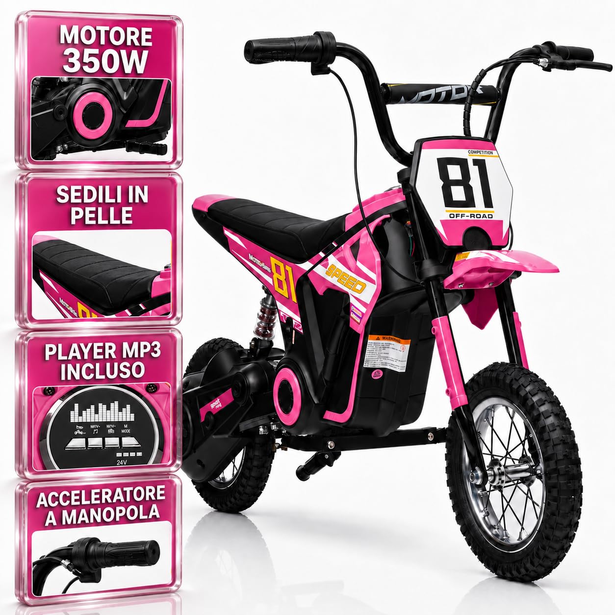TOYSCAR Moto Elettrica per Bambini 24V 10Ah NITRO GT Motore 350W, Minimoto Elettrica Moto Cross Elettrica, Pit Bike Elettrica, Ruote Gonfiabili 12" Freno a Disco, Sedile in Pelle, 5-10 Anni