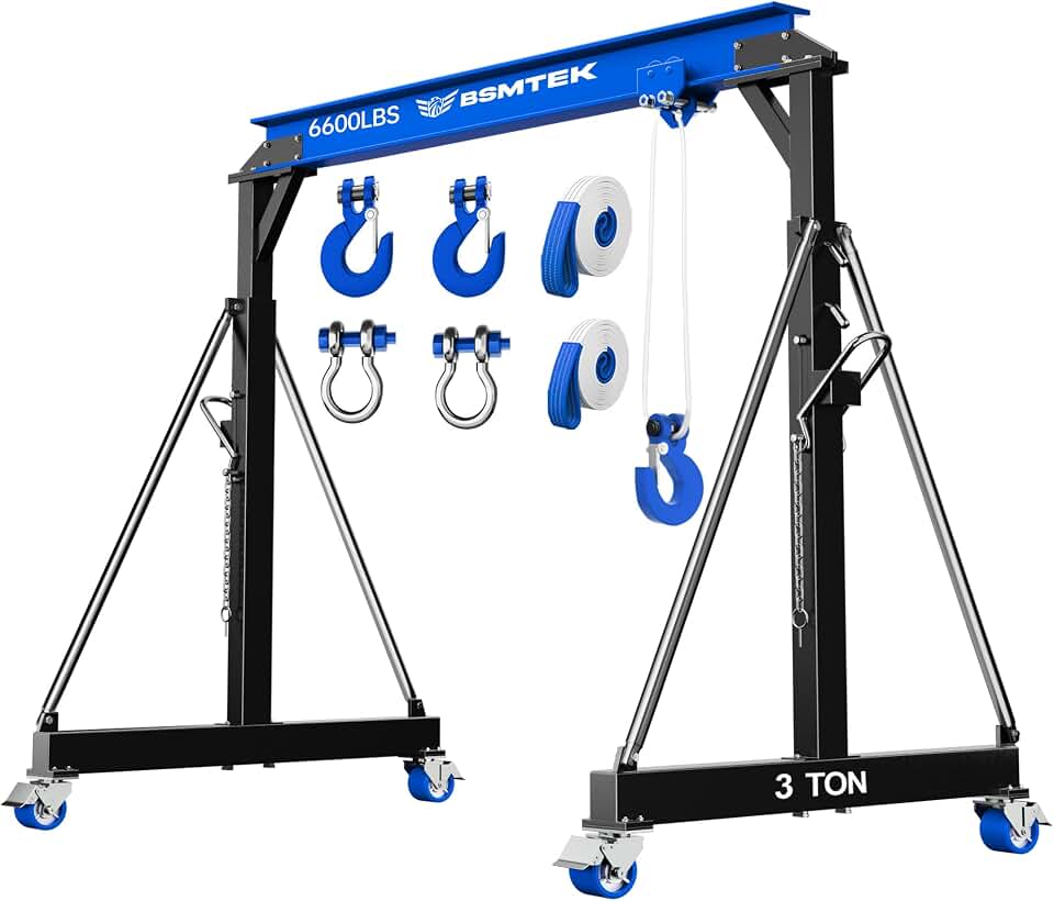 3 Ton Portable Gantry Crane, 6600lbs Load Capacity, 9.06FT Max Width, 8.53-12.47FT Adjustable Height Heavy Duty Shop Crane, Mobile Lifting Equipment for Factory, Warehouse, Garage, Blue
