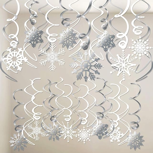 HOWAF Christmas Snowflake Swirl Hanging Cutout Decorations (Pack of 30), Silver & White Snowflake Ceiling Swirls for Xmas Frozen Winter Wonderland Holiday Party Decoration Supplies