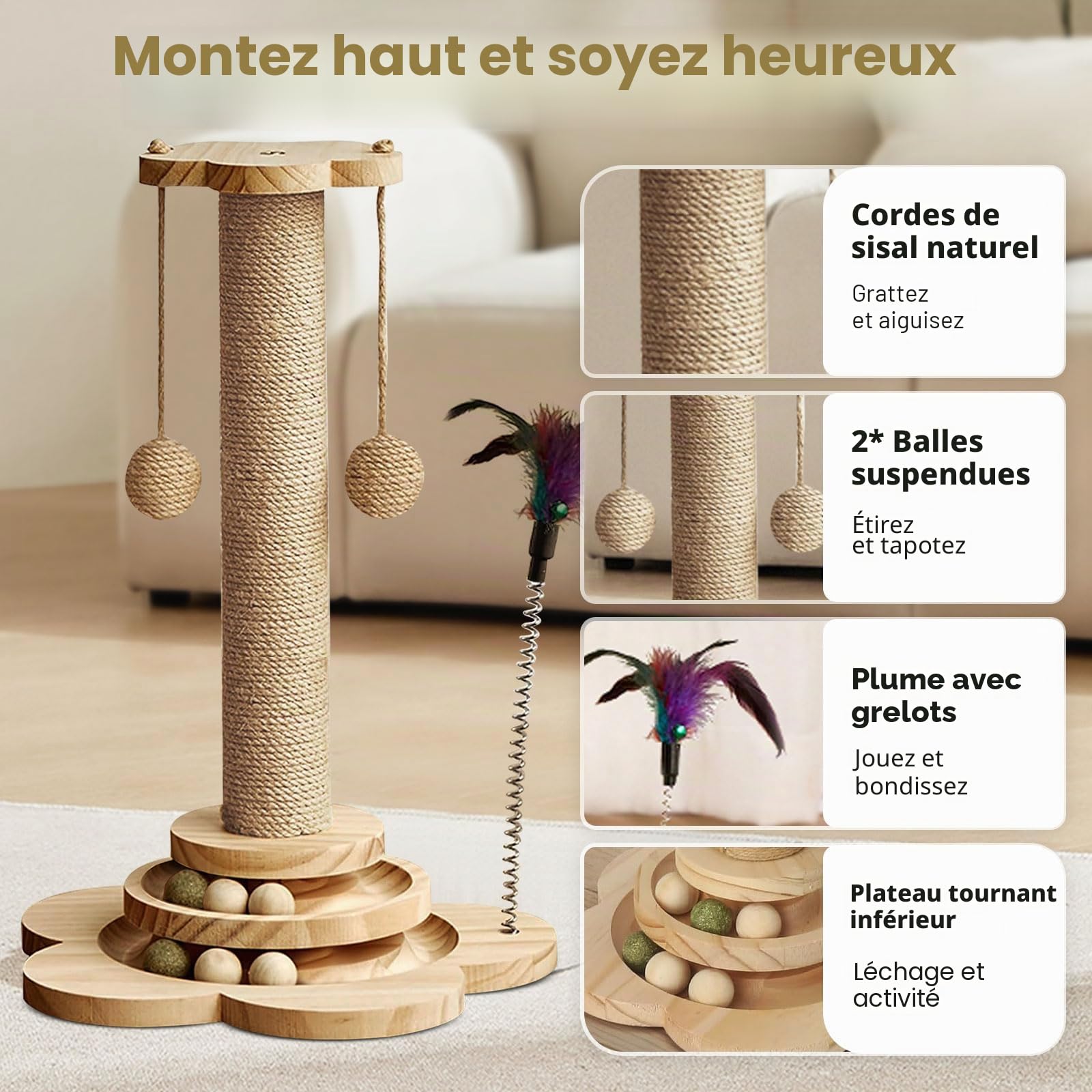 Arbre à chat en sisal naturel – Grattoir robuste pour petits chats d'intérieur – Jouet pour chaton avec griffoirs, plateforme de jeu et jouets – Assemblage facile – Design peu encombrant (45 cm de