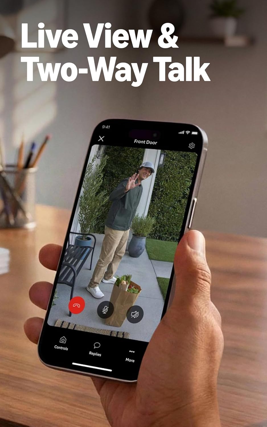Smartphone screen showing Ring app with Live View and Two-Way Talk interface