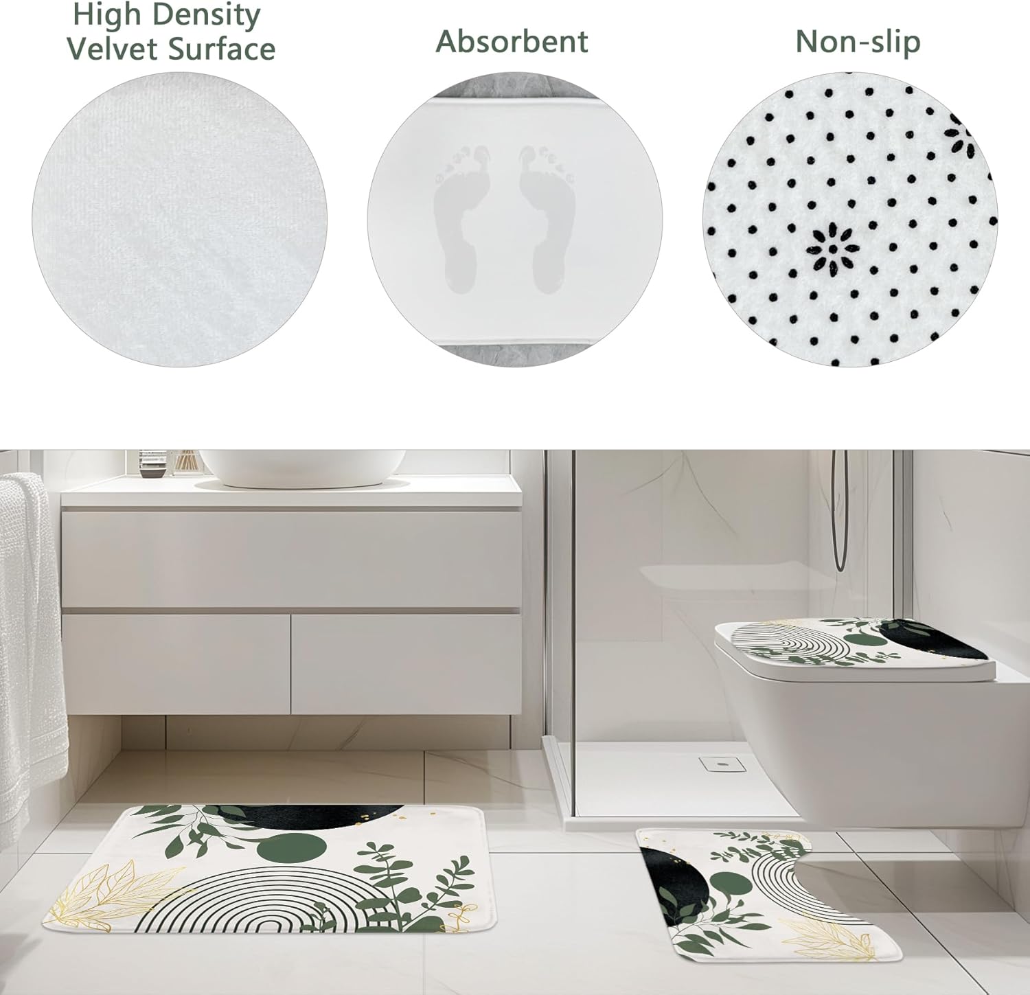 Riyidecor Boho Dark Green 4Pcs Bathroom Shower Curtain Sets Mid Century Abstract Modern Minimalist Bathroom Decor Set with Rugs and Accessories Leaf Toilet Lid Rug, Contour and Bath Mat with 12 Hooks