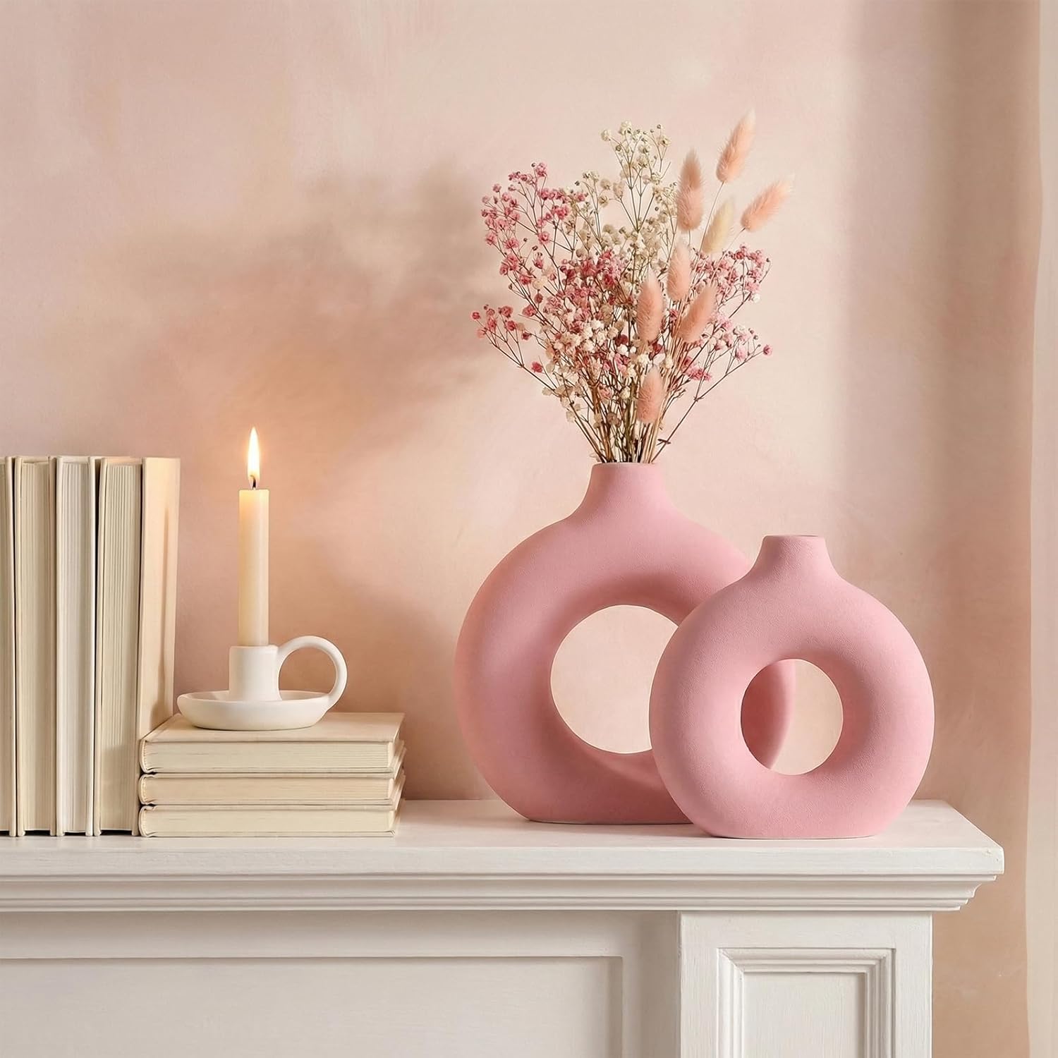 Pink Vase Decor Donut Vase Set of 2 - Circle Hollow Vases, Modern Matte Ceramic Vases for Entryway Living Room Bedroom Dining Table Centerpiece Office Home Decor