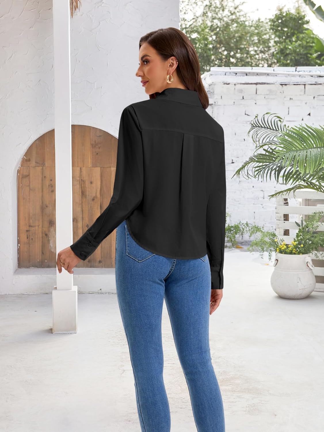 Womens Cropped Button Down Shirts 2025 Fall Trendy Casual Long Sleeve Crop Tops Button up Lapel Blouses with Pocket - Image 5