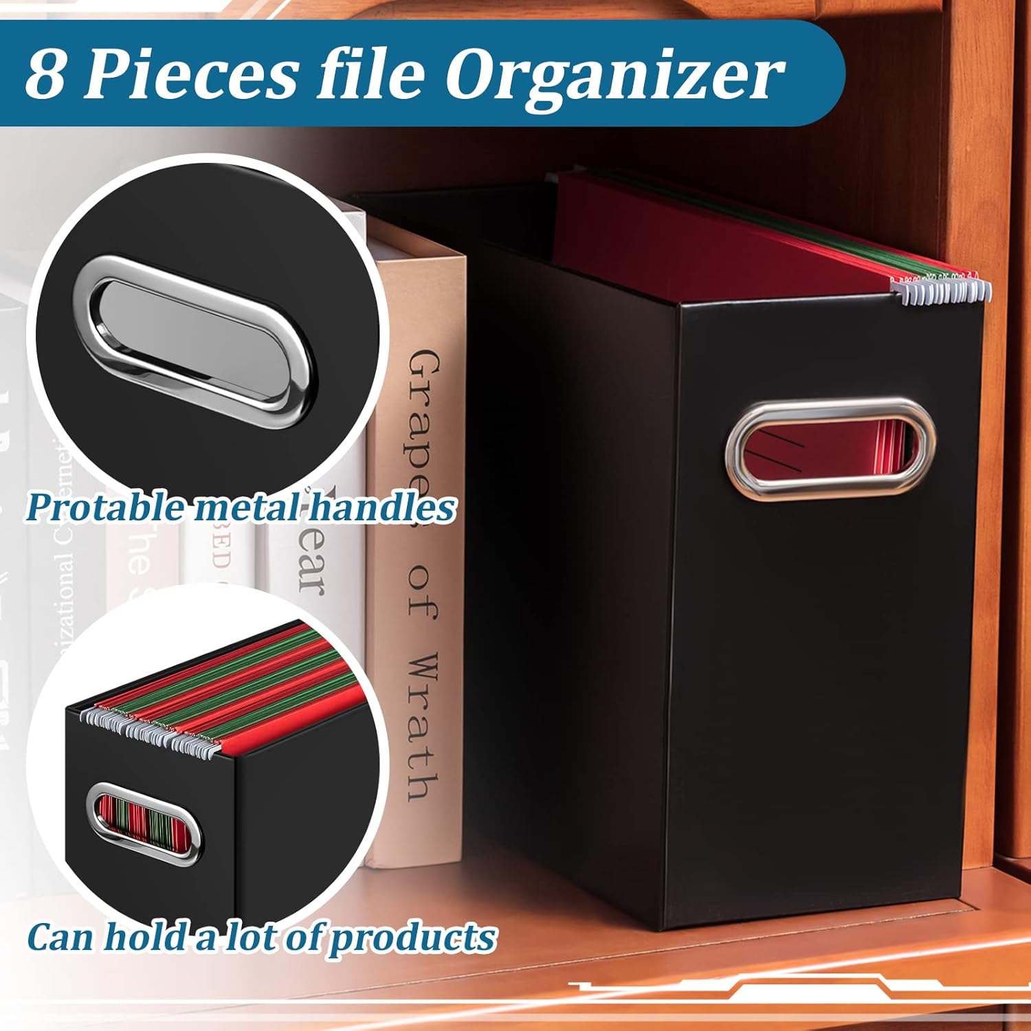 Jutom File Organizer, 8 Packs Cardboard File Storage Folder Letter Size Portable Desktop Holder Collapsible Hanging Folders Box with Handle Magazine Book Storage Filing Box for Home Office(Black)
