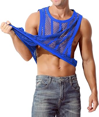 Mens Fishnet Stripe Mesh Tank Top See Through Sleeveless Fitted Muscle Top Shirts for Workout Beach