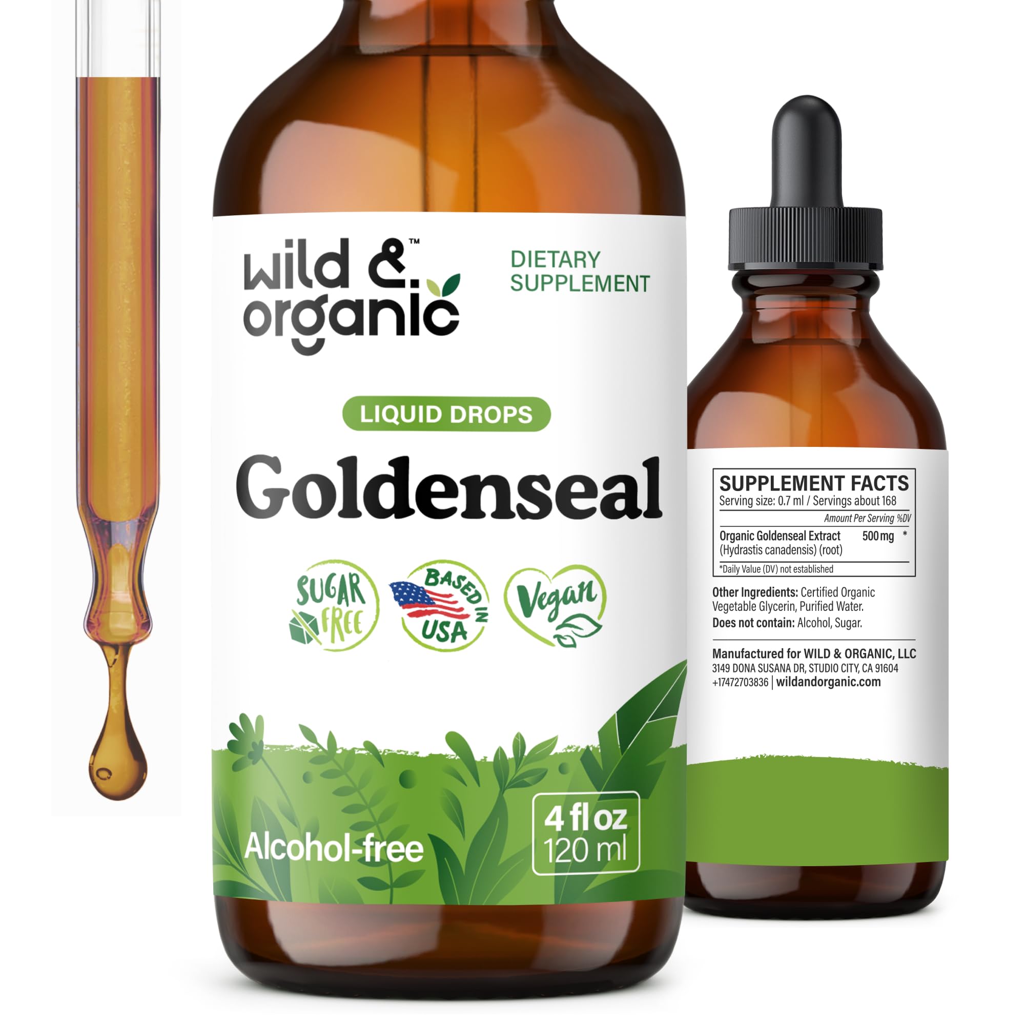 Wild & OrganicGoldenseal Tincture - Lung & Digestive Support - Goldenseal Root Extract Liquid Drops - Vegan, Sugar & Alcohol-Free Herb Supplement - 4 fl oz