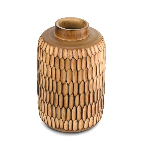 Handmade Mango Wood Vase – Etched Cylindrical 8-Inch Light Brown