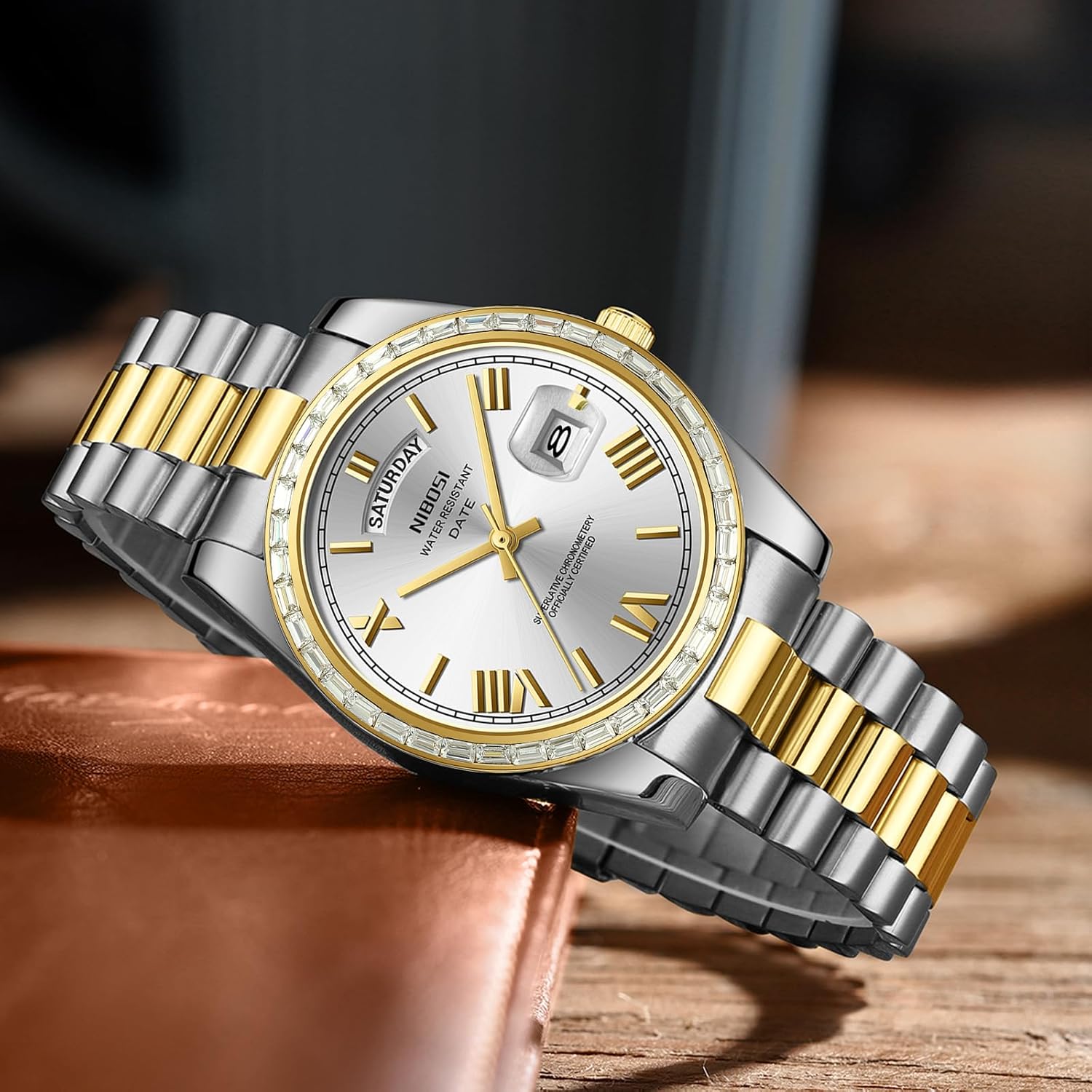 NIBOSI Men's Watches Analog Quartz Diamond Bezel Stainless Steel Dial Rose Gold Silver Watches for Men Waterproof Business Classic Dress Wrist Watch with Day Date - Image 4