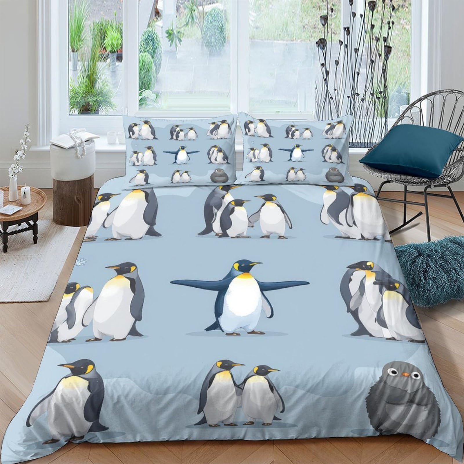 Ctjqhvkz Style-1 3D Printed Penguin Family Fitted Sheet Microfiber Soft Blue Animal Pattern Bed Cover For Bedroom Dorm Decor Single（135X200cm）