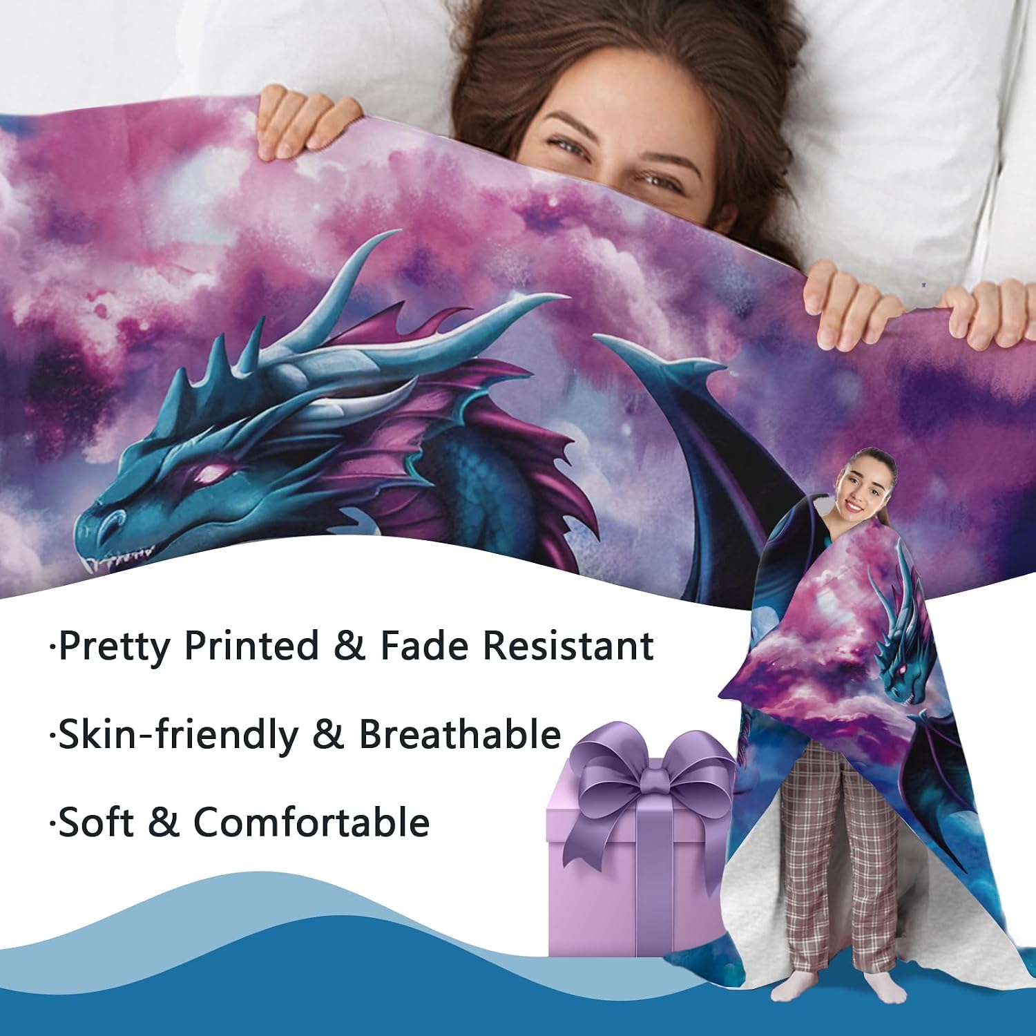 Blue Purple Dragon Flannel Throw Blanket, Birthday for Dragon Lover Kids Girls Boys Men Women, Funny Cloud Soft Blankets for Bedding Sofa 50 x 60 Inches