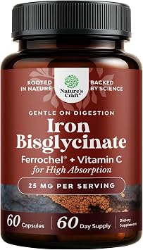 Slow Release Iron Supplement for Women & Men - Supports Health - Blood Support Iron Bisglycinate with Vitamin C - Gentle Energy & Immune Support - High Absorption Ferrous Bisglycinate - 60 Count
