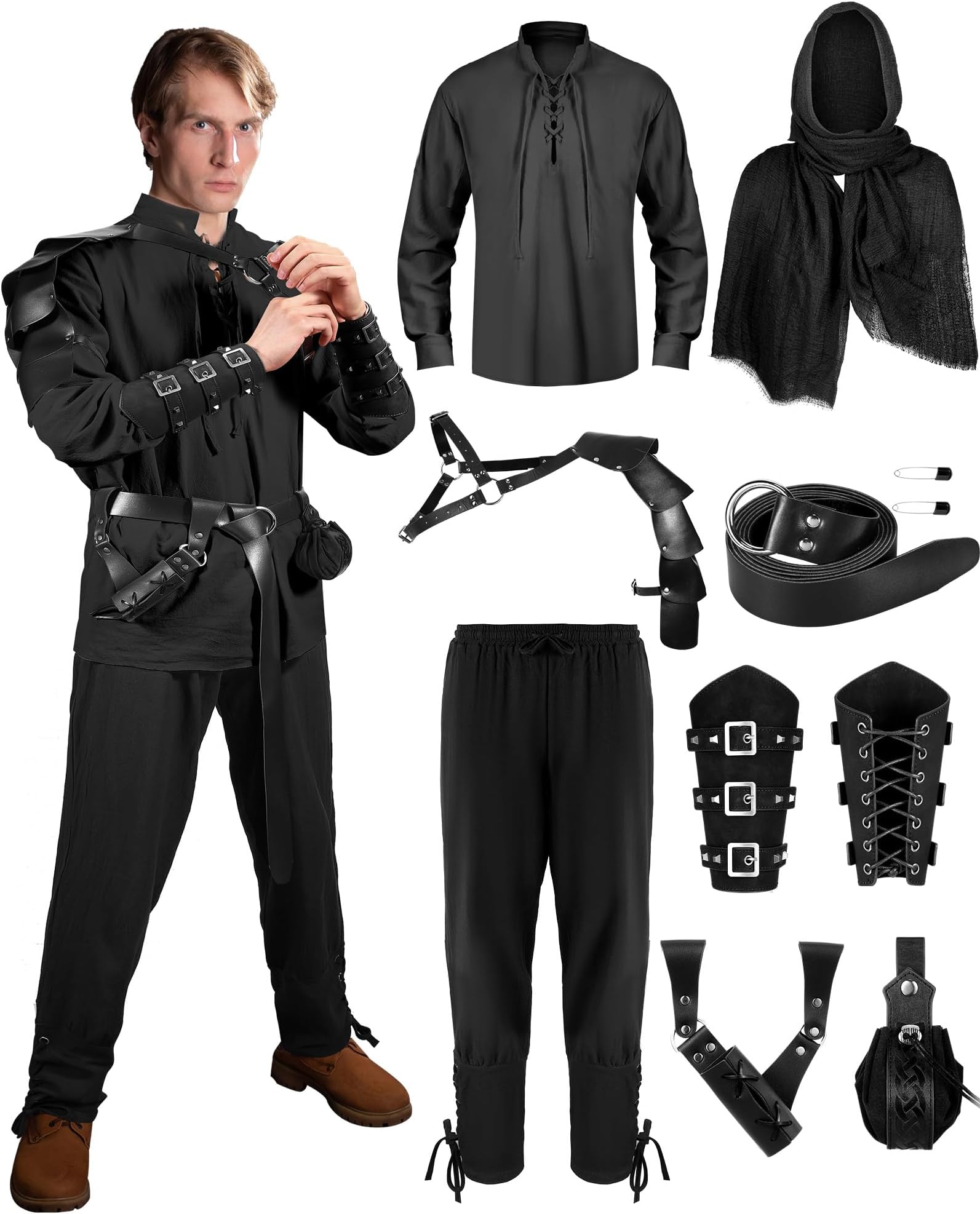 Panitay 8 Pcs Halloween Men's Renaissance Costume Set Medieval Viking Shirt Pant Belt Cape Bracer Sword Bag