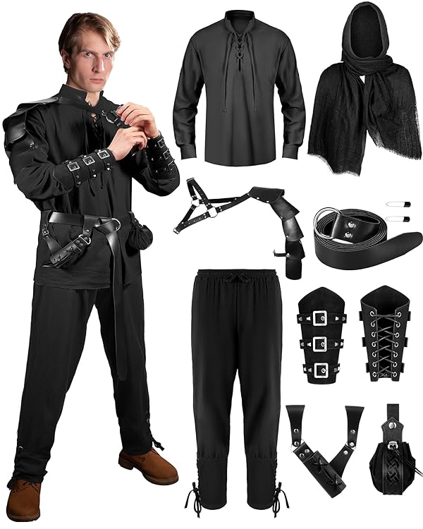 Panitay 8 Pcs Men's Renaissance Costume Set Halloween Medieval Viking Shirt Pant Belt Cape Bracer Sword Bag(Large,Stylish Color) by Panitay - Used condition - US$42.55