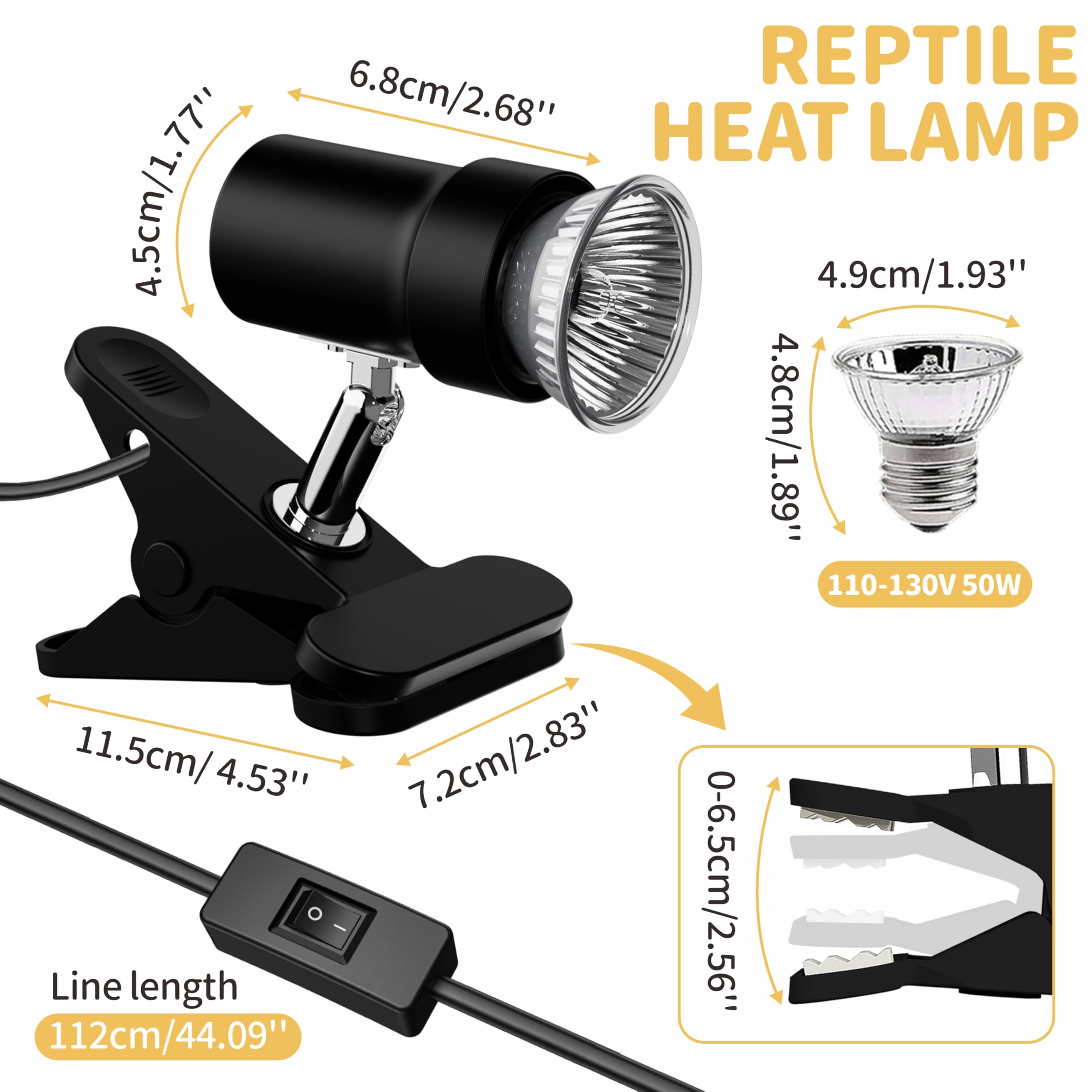 GOZILLA Reptile Heat Lamp, Turtle Lamp with 50W UVA/UVB Turtle Light Bulb, 360°Rotatable Clip Reptiles Basking Light for Amphibian and Reptile Tanks, Terrariums, Cages.(Black) — view 2