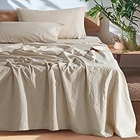 SONORO KATE 100% French Linen Queen Sheet Set - Breathable, Durable, Moisture-Wicking, 16" Deep Pocket, Machine Washable 4-Piece (Natural)