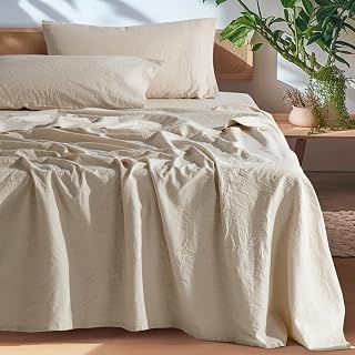 SONORO KATE 100% French Linen Queen Sheet Set - Breathable, Durable, Moisture-Wicking, 16" Deep Pocket, Machine Washable 4-Piece (Natural)