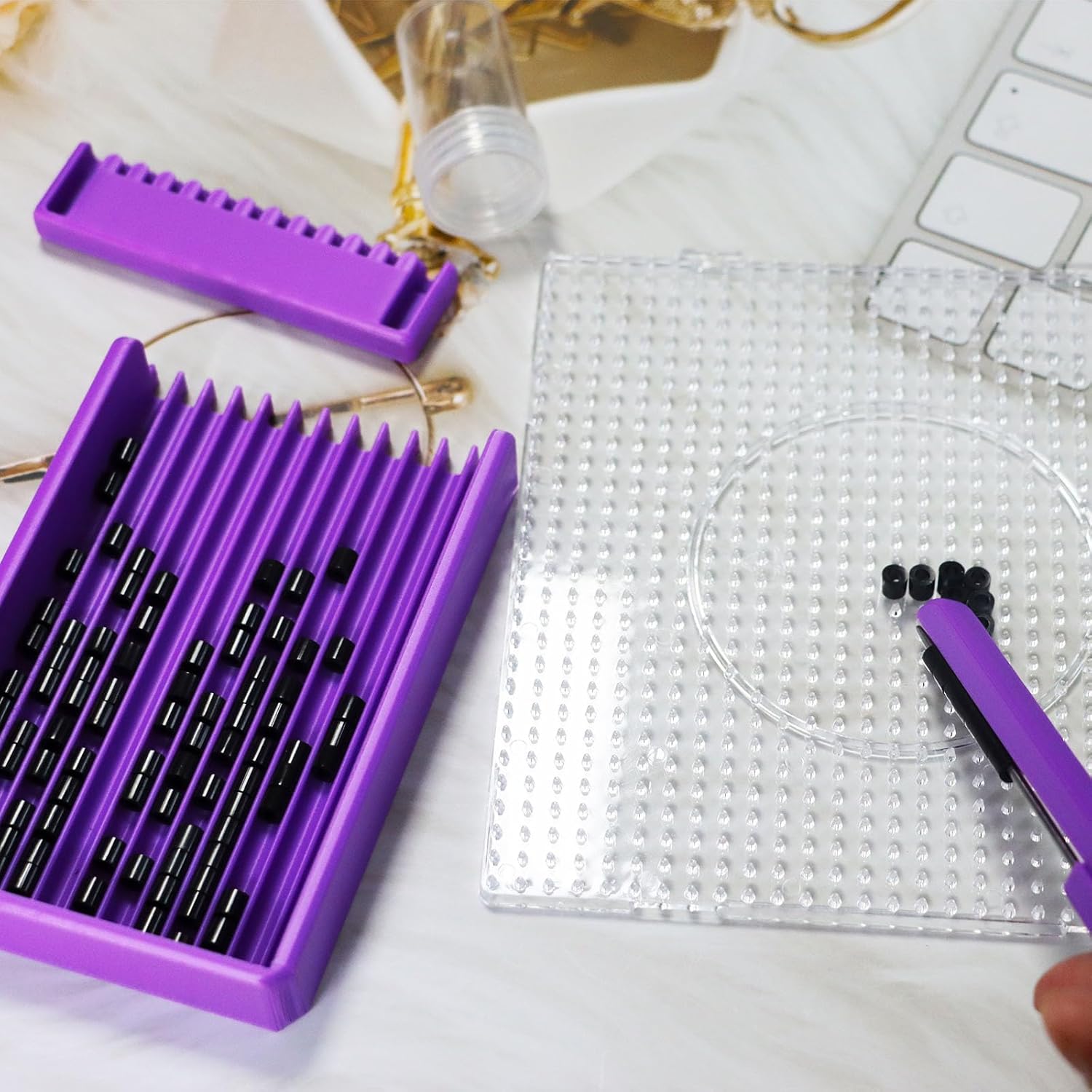 PIAOLGYI Fuse Bead Single Needle Tweezer & Aligner Tray Set,Fuse Bead Sorting Tray(20 CM) (Purple) - Image 2