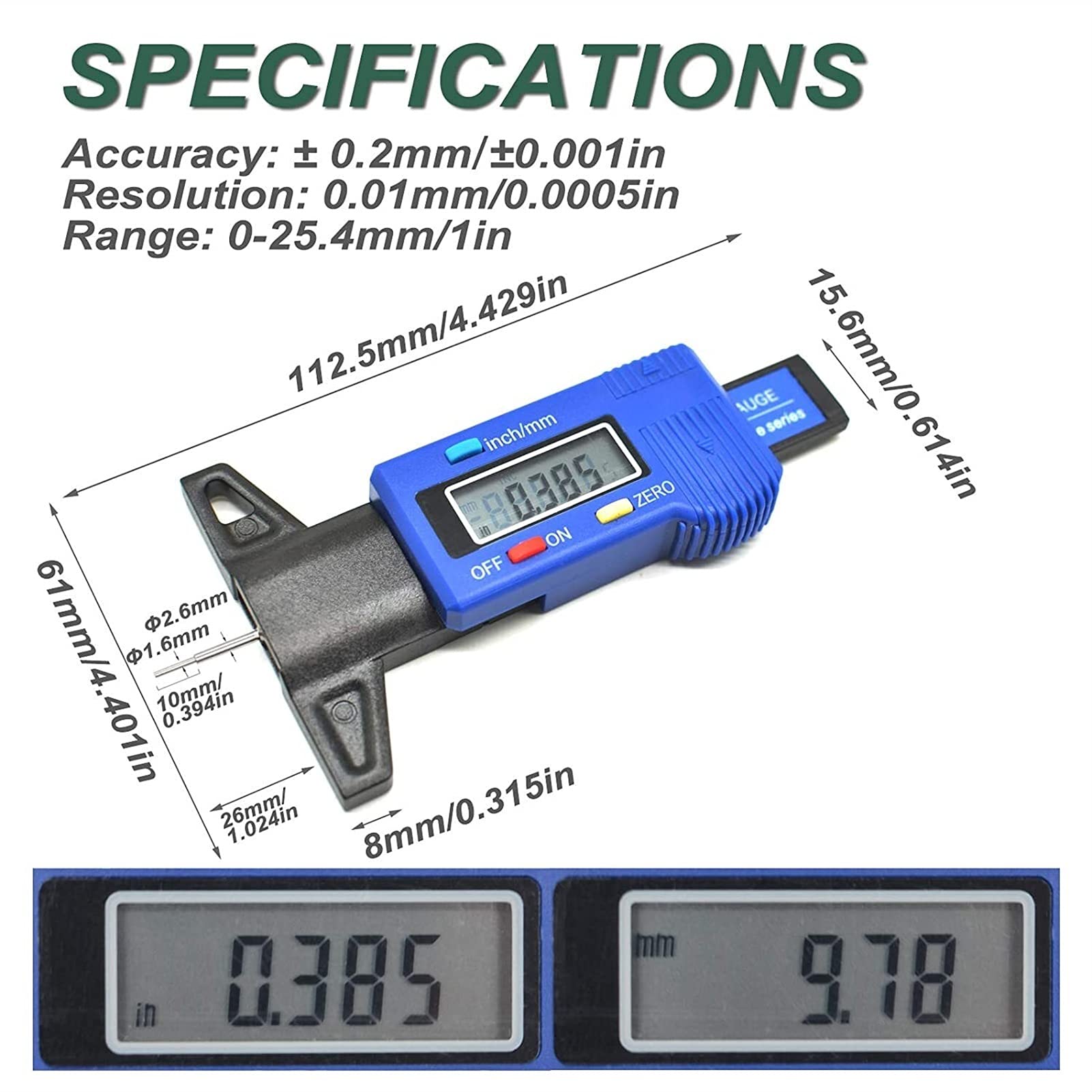 Misuratore di profondità del battistrada, Strumento Digitale for misurare la Filettatura dei Pneumatici Display LCD Tester for Pneumatici con conversione in Pollici e MM di 0-1 Pollici (Color :
