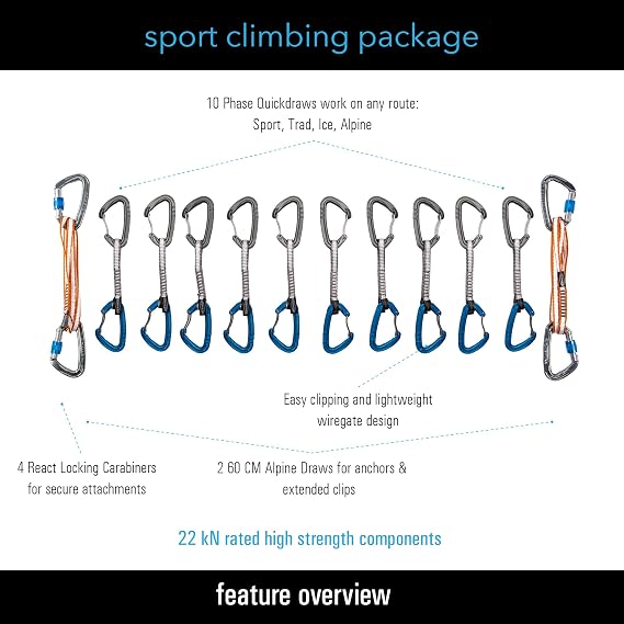 حزمة تسلق الجبال الرياضية Trango (متعددة الألوان، (10) سحوبات سريعة بطول 12 سم + (2) سحوبات مرساة) | حماية من تسلق الجبال والصخور