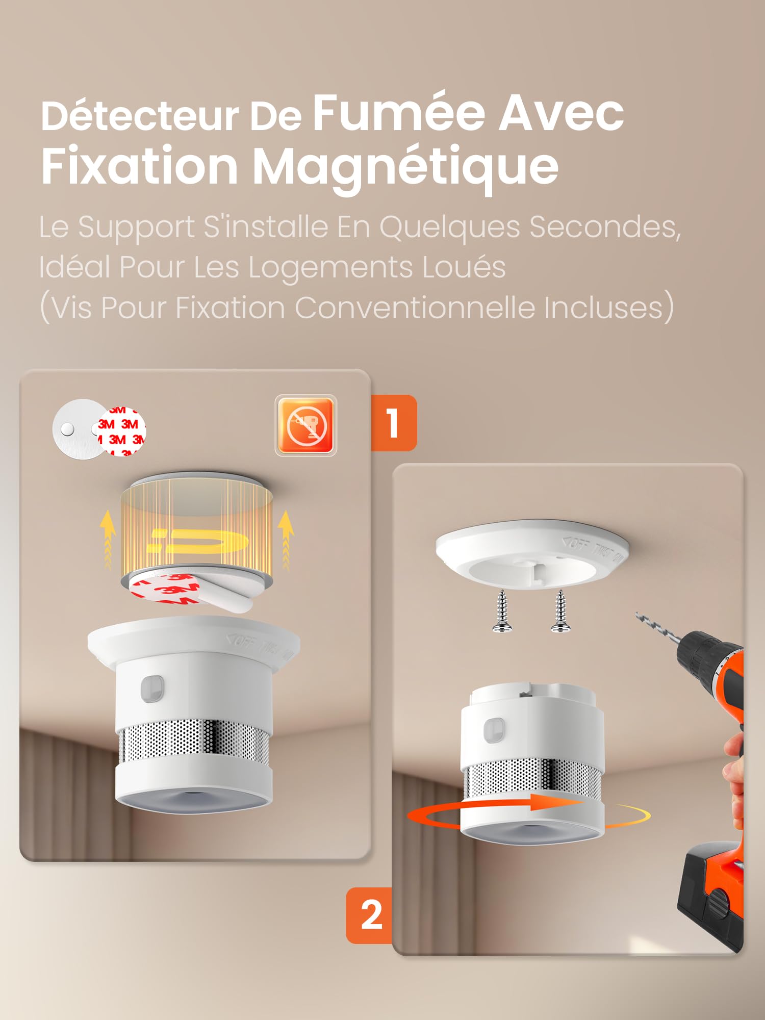 Heiman Detecteur de Fumée Matter Over Thread, avec Fixation Magnétique, Pile Remplaçable 5 Ans, en 14604, 85dB, Hub Requis, pour Apple Home, SmartThings & Home Assistant, HS1SA-M