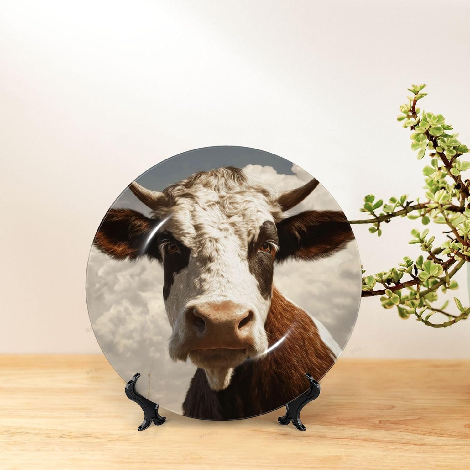 Bone China Decorative Plate with Display Farm Animal Cow Ceramic Plates Crafts Art Decor Dessert Plate Ceramic Ornament Porcelain Plates for Living Room Kitchen Table Home Decor