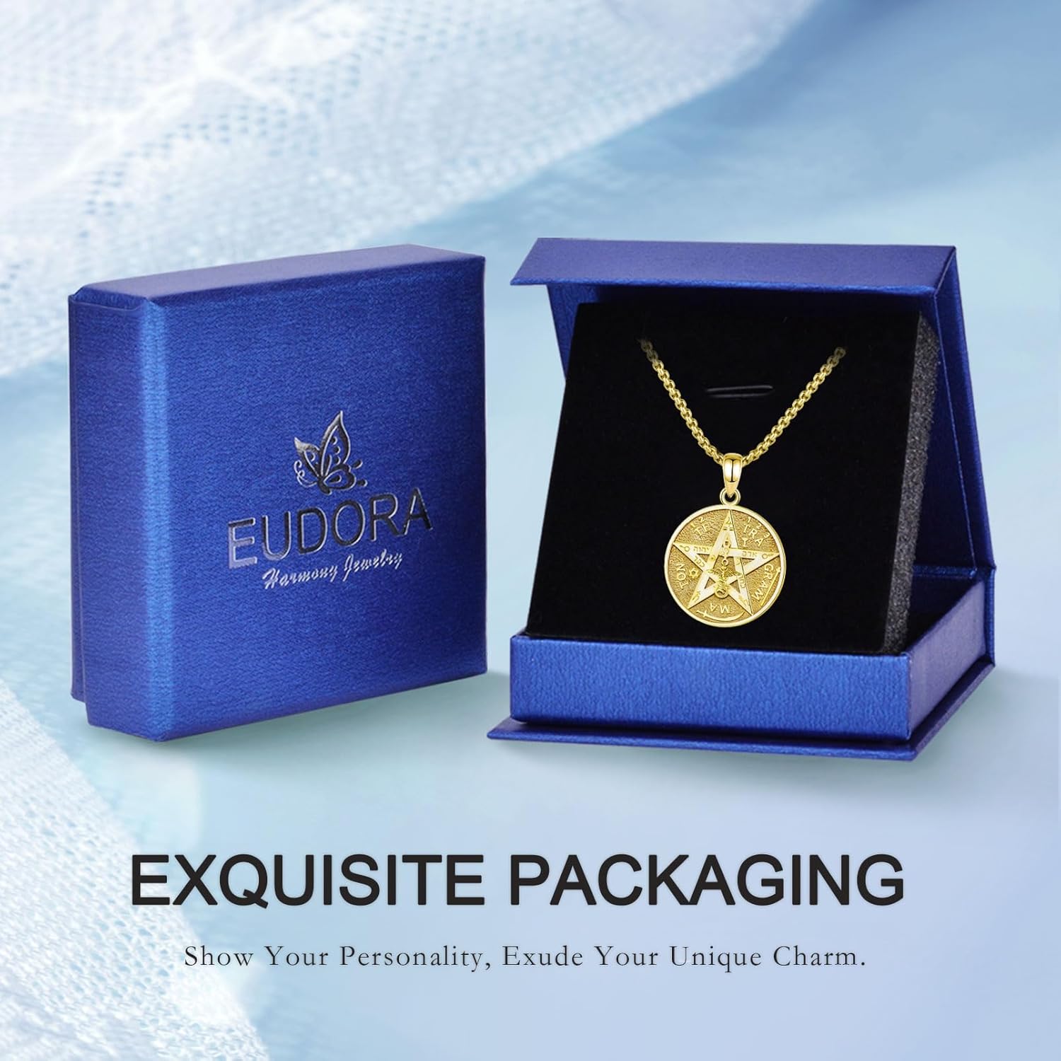 EUDORA Sterling Silver Tetragrammaton Necklace Ring for Women Men, Pentagram Amulet Energy Pendant Star of David Vintage Guardian Star Wicca Jewelry, Mother's Day Father's Day Gift for Husband Wife