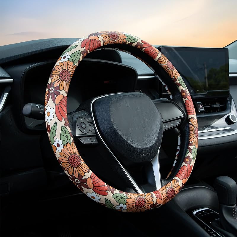 Capa para Volante LAWHOWJIE Sunflower Retro em Jacquard, Antiderrapante, para Volantes de 36,8–38,1 cm, Amarelo Girassol, 1 unidade