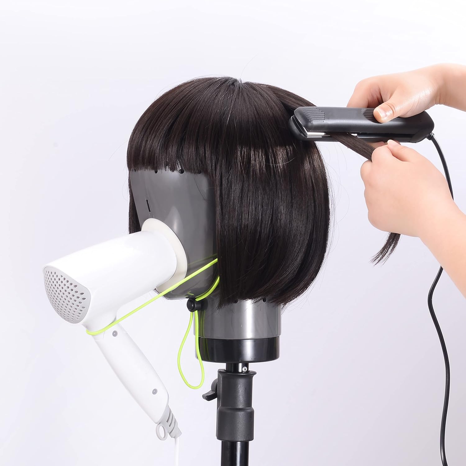 Wig Head Stand - Fresh Holder With Mannequin for Drying and Styling Hair, Scalp Cap Net, Dryer With Holes (Dark Grey)