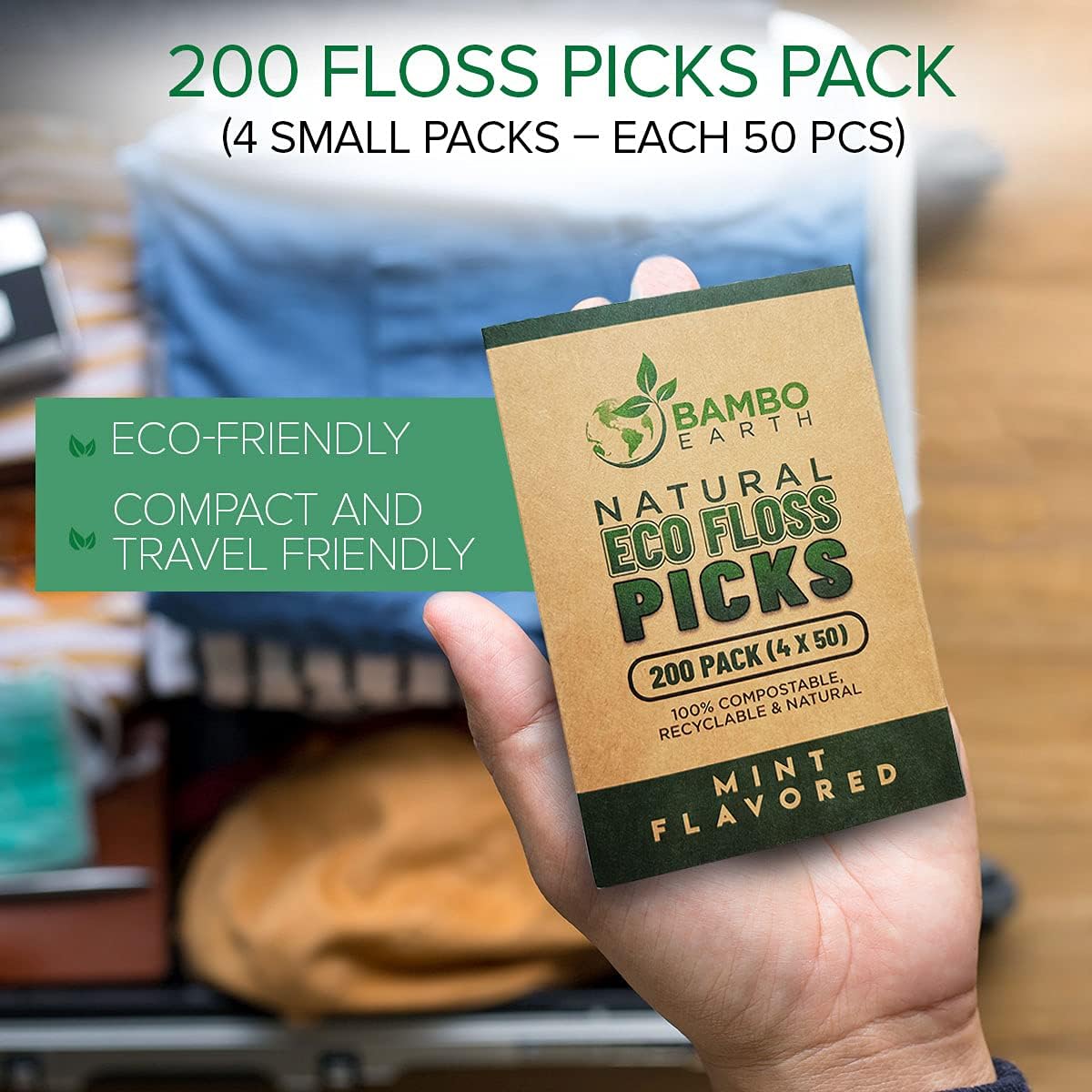 Natural Dental Floss Picks - Eco Friendly Cruelty Free & Vegan Tooth Flossers Pick Set with Biodegradable and Compostable BPA Free Handle & Zero Waste Packaging - 200 Pack (Mint Flavored) : Beauty & Personal Care
