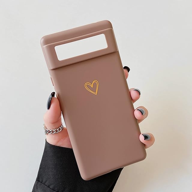 DEFBSC Case for Google Pixel 6, Fashion Cute Love-Heart Shape Silicone Case Shockproof Soft TPU Back Cover Protective Case with Heart Pattern for Google Pixel 6 - Brown