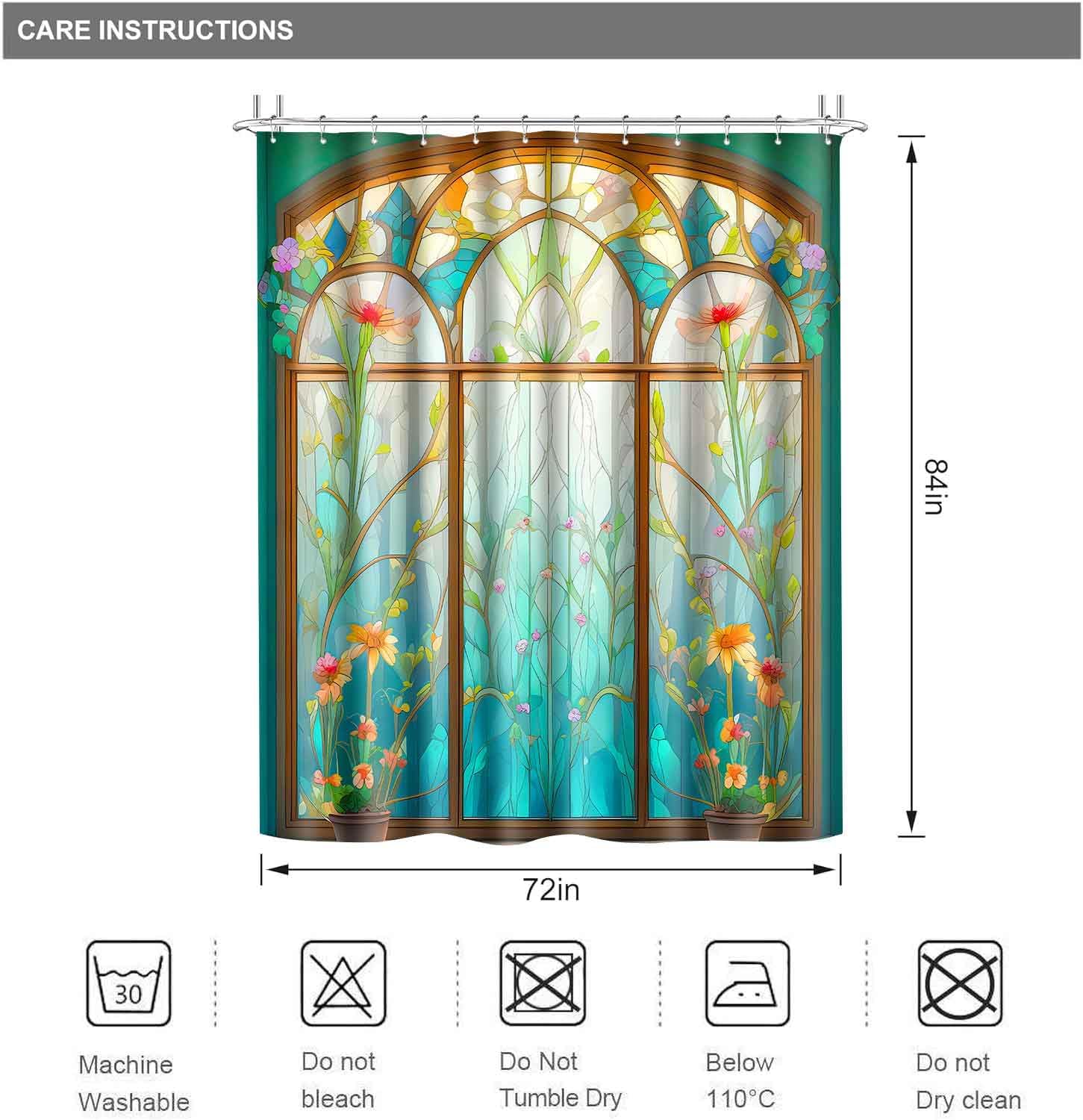 Boho Plant Floral Shower Curtain Church Style Stained Glass Bathroom Curtains 72x84inch Fabric Washable Bathroom Decor with 12 Hooks