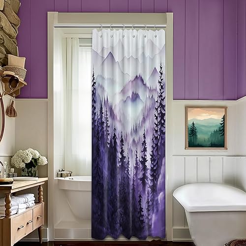 Miniatura 89 de Cortina de ducha azul marino de bosque Cortina de ducha azul oscuro de montaña y naturaleza para decoración de baño de hombres, tela impermeable con