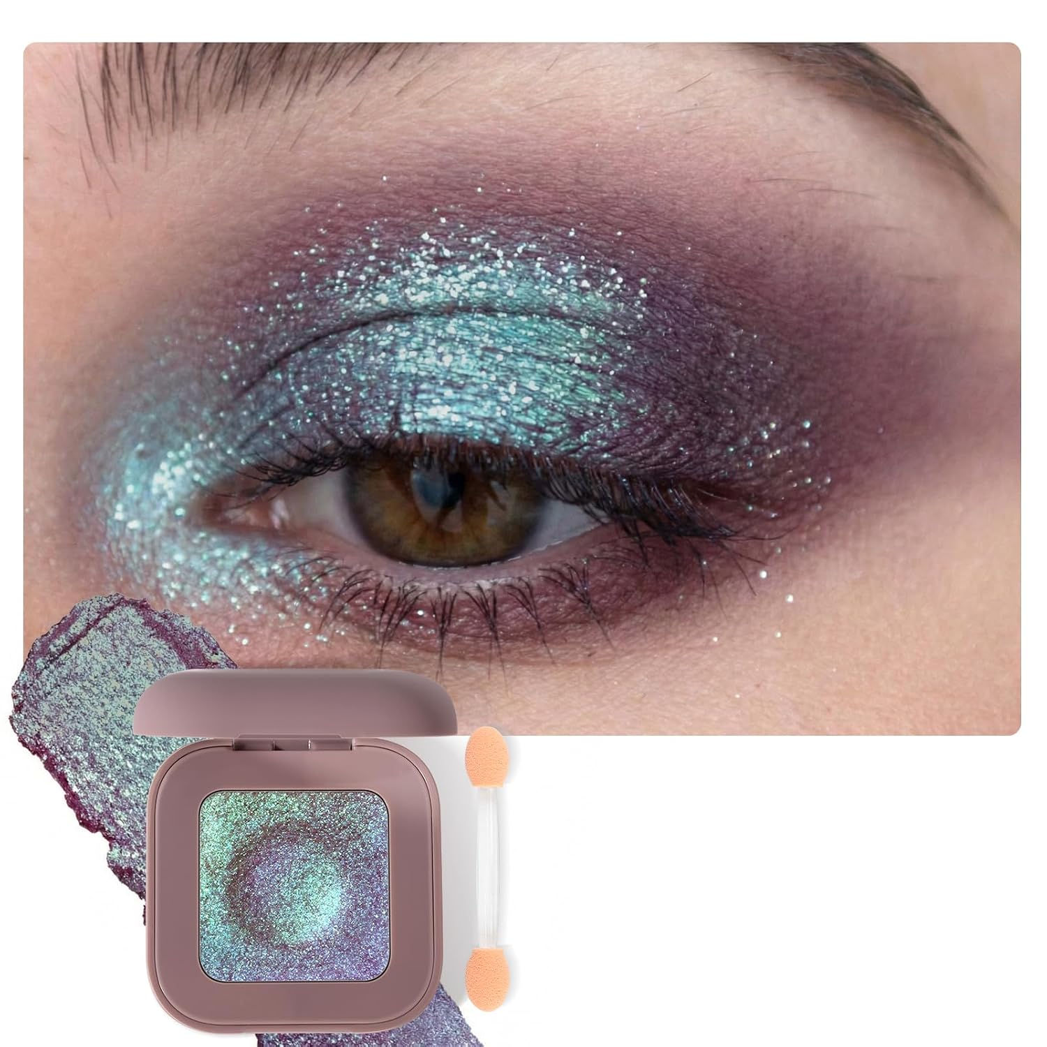 Holographic Multichrome Mauve Green Blue Glitter Eyeshadow Palette with Brush, Rich Chameleon Color Shimmer Metallic & Long Lasting & Buildable Eye Shadow, High Pigment Single Eye Makeup (#02)