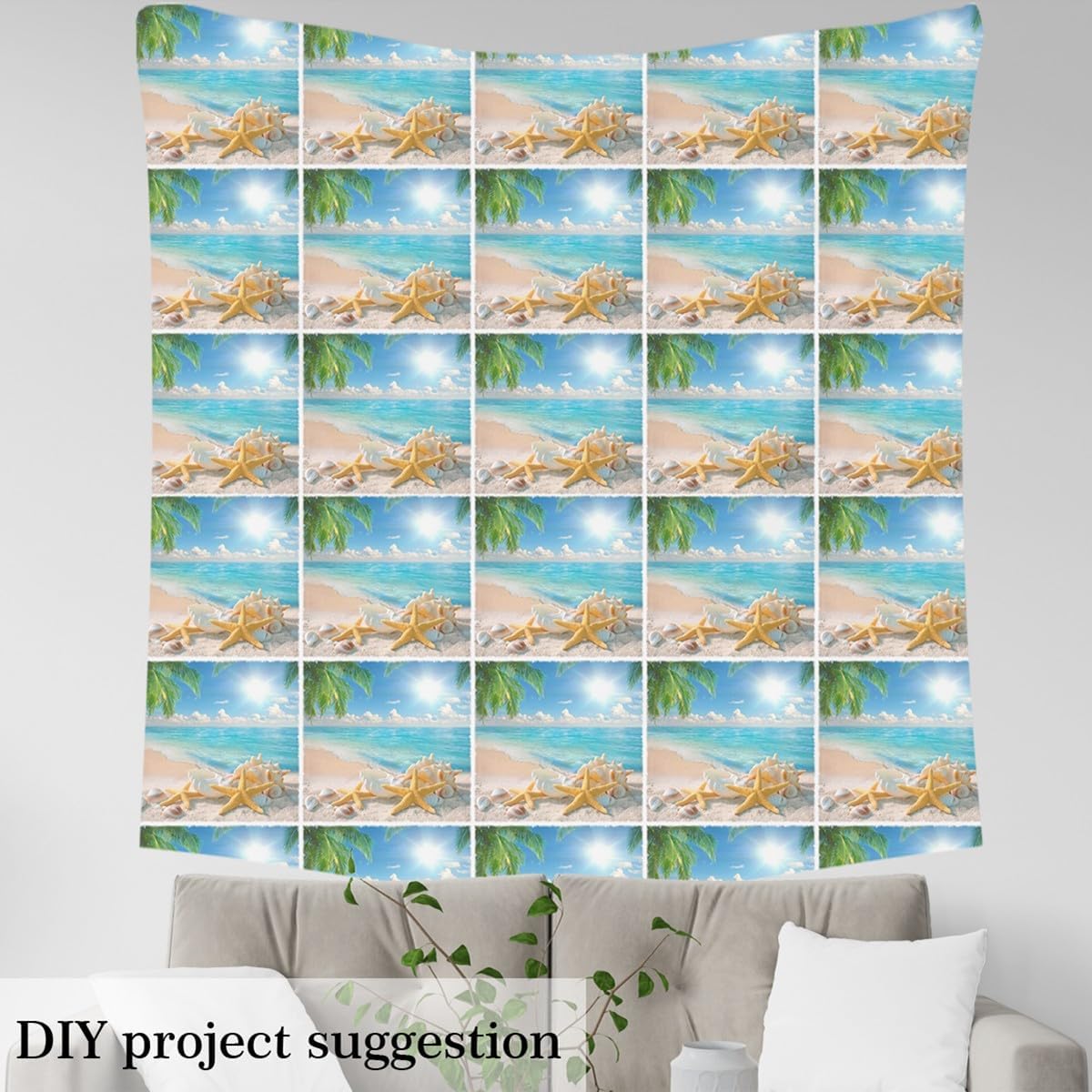 Erosebridal Beach Themed Fabric By The Yard Blue Ocean Upholstery Fabric Seashell Starfish Printed Decorative Fabric Beach Coastal Craft Patchwork Indoor Outdoor Fabric, 5 Yards
