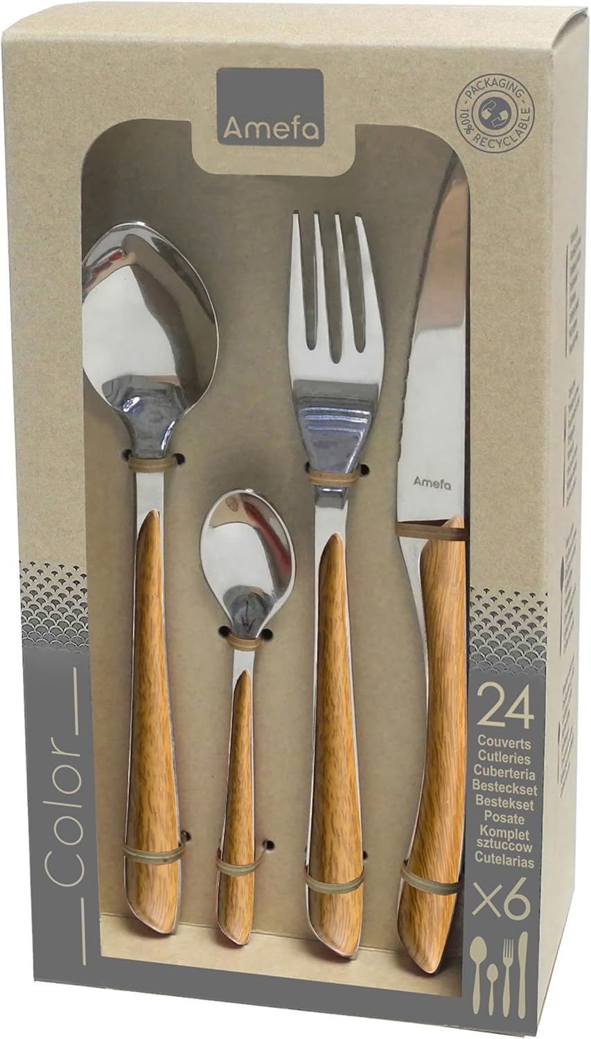 Amefa Natural Wood Handle Silverware Set - 24-Piece, Brown & Casual - Faux Wood Handle Flatware Service for 6 in Polished 18/0 Stainless Steel - Dishwasher Safe & Rust Resistant