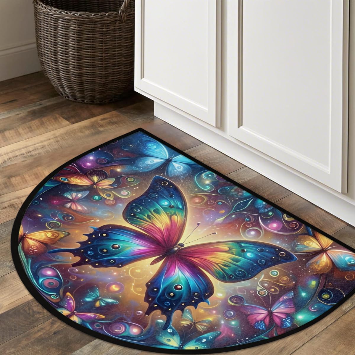 Abstract Butterfly Design Half Round Door Mat Non-Slip Soft Semi Circle Rug Washable Half Moon Welcome Entrance Doormat for Outdoor Indoor Floor Indoor Bedroom Bathroom Home Kitchen Decor