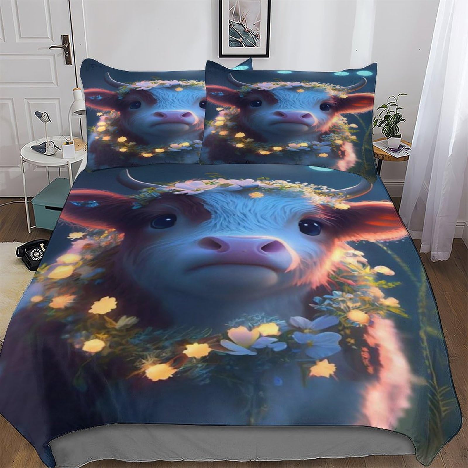 Parure de lit microfibre motif vache ensemble housse de couette 220x240cm ultra douce