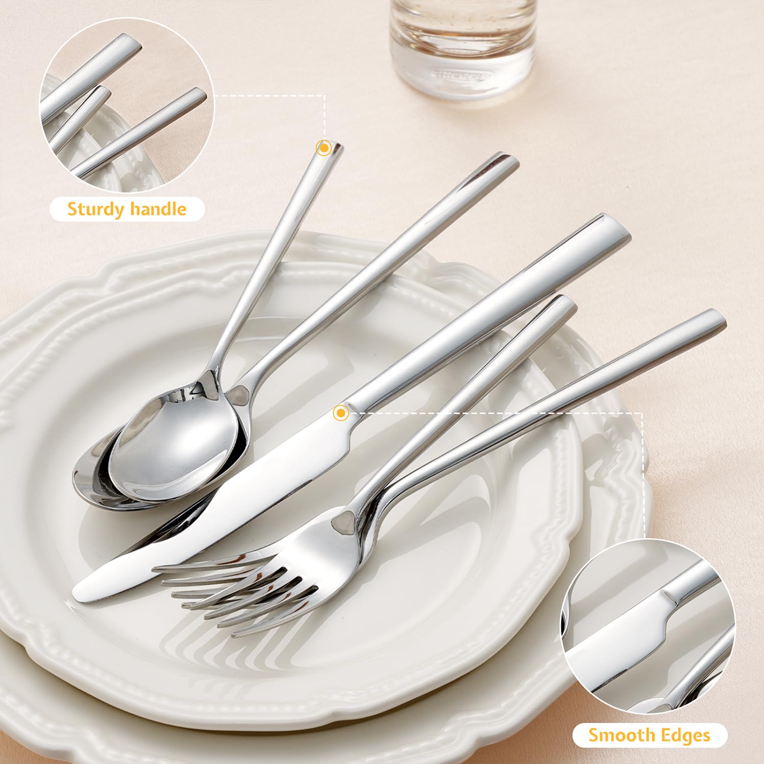 HIKAA Edelstahl Besteck Set 12 Personen, 60-Teilig Geschmiedetes Essbesteck | Premium-Edelstahl 18/10 Besteck für Haushalt, Hochzeit, Party, Cutlery Set Hochglanzpoliert und Spülmaschinenfest(Silber)
