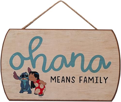 Disney Lilo and Stitch Ohana Means Family - Decoración de pared de madera colgante – Lindo letrero Ohana para decoración del hogar Azul y