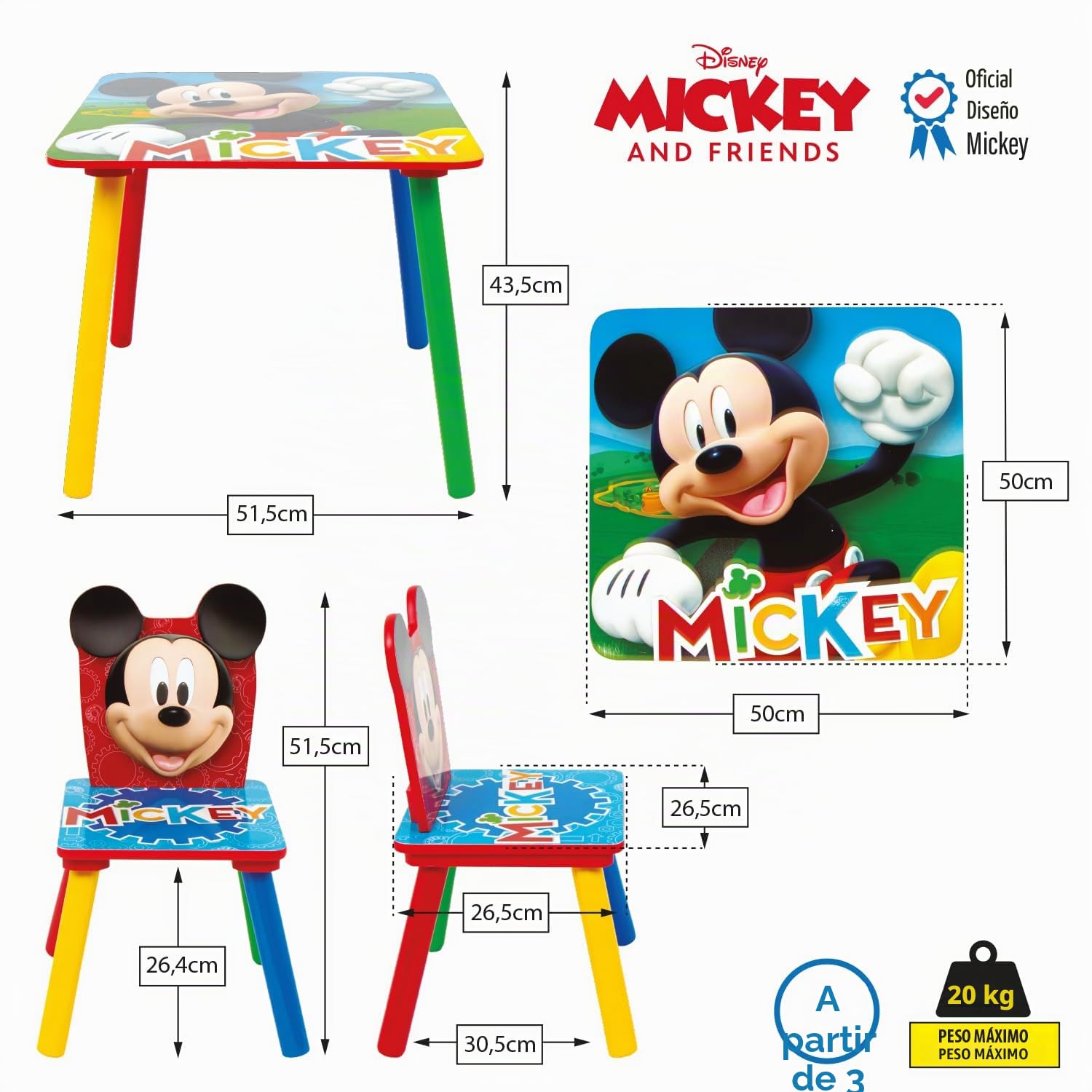 ARDITEX - Set de Mesa y 2 Sillas Infantiles de Madera - 50x50x44 cm y 26,5x26,5x50 cm - Ideal para Jugar, Pintar y Hacer Manualidades - Licencia Oficial Mickey Mouse