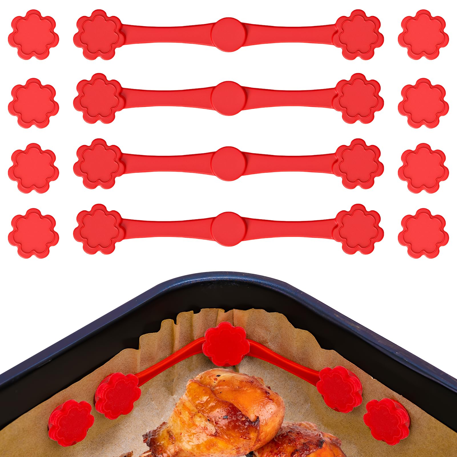 Air Fryer Magnets for Paper, 4 Sets Heat Resistant Air Fryer Magnets, Silicone Magnetic Buckles (4 Clips + 8 Magnets) for Fixing Baking Paper, Air Fryer Accessories, Flower