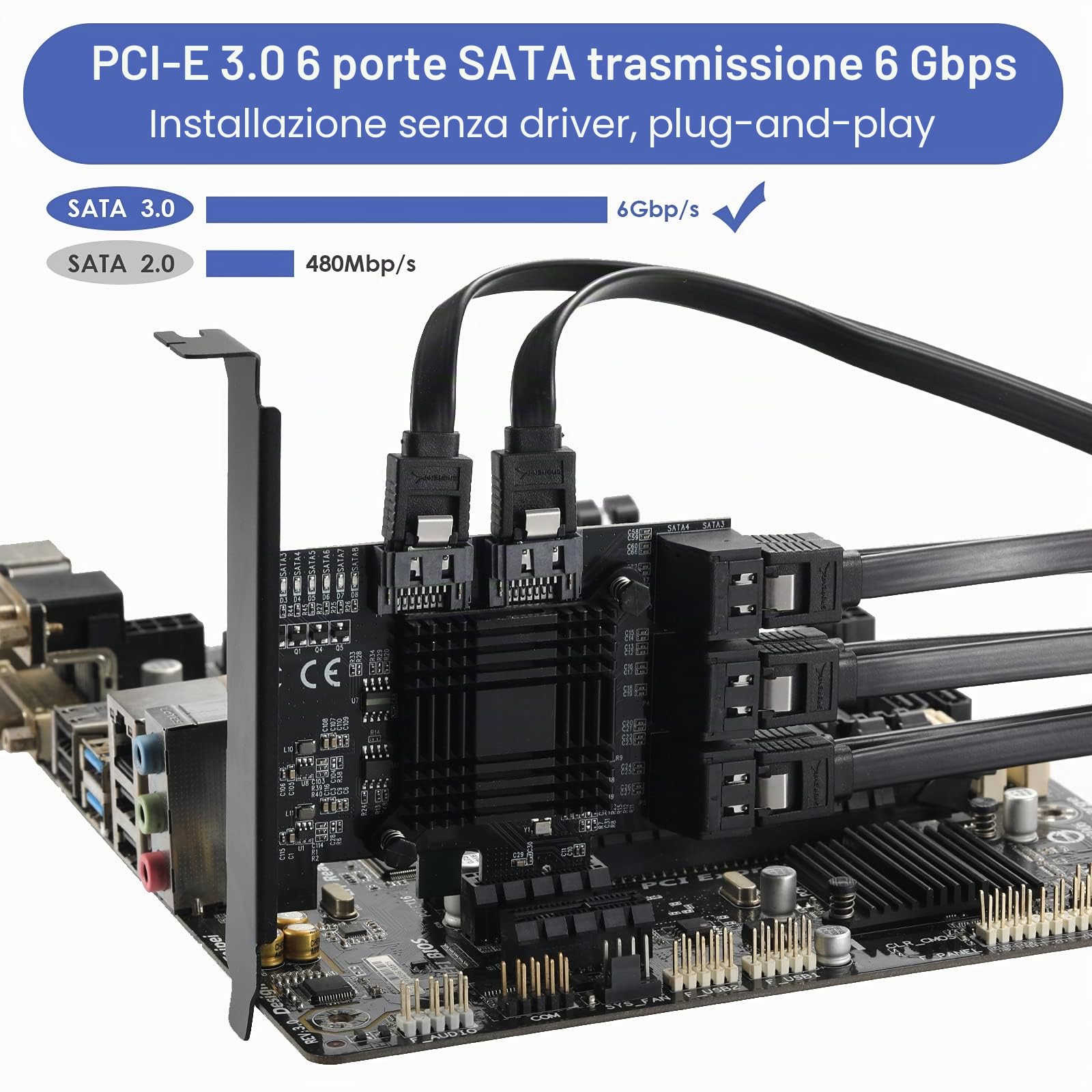 Scheda PCIE 1X SATA a 8 porte, con 8 cavi SATA e staffa a basso profilo, controller PCIE a SATA 3.0 6 Gbps, scheda di espansione PCIE a SATA, controller SATA, scheda PCIE SATA, chip ASM1166+JMB575