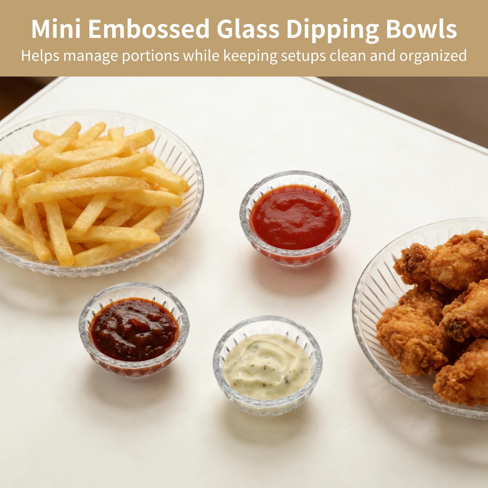12 x Glas-Dip-Schüssel-Set, geprägte, runde Vorbereitungsschalen für Soßen und Gewürze, stapelbar, kleine Schalen für Küche, Party