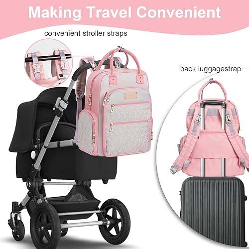 Miniatura 5 de Mochila para pañales - Bolsa de mamá para hospital, mochilas de viaje, gran capacidad, multifuncional, esencial para bebé (rosa), Rosado, Mochila de
