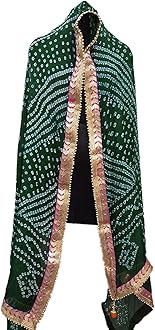 Kalpit Creations® Women's Jaipuri Rajasthani Silk Bandhani Bandhej Heavy Dupatta with Gota Work and latkan, dark-green, Free Size