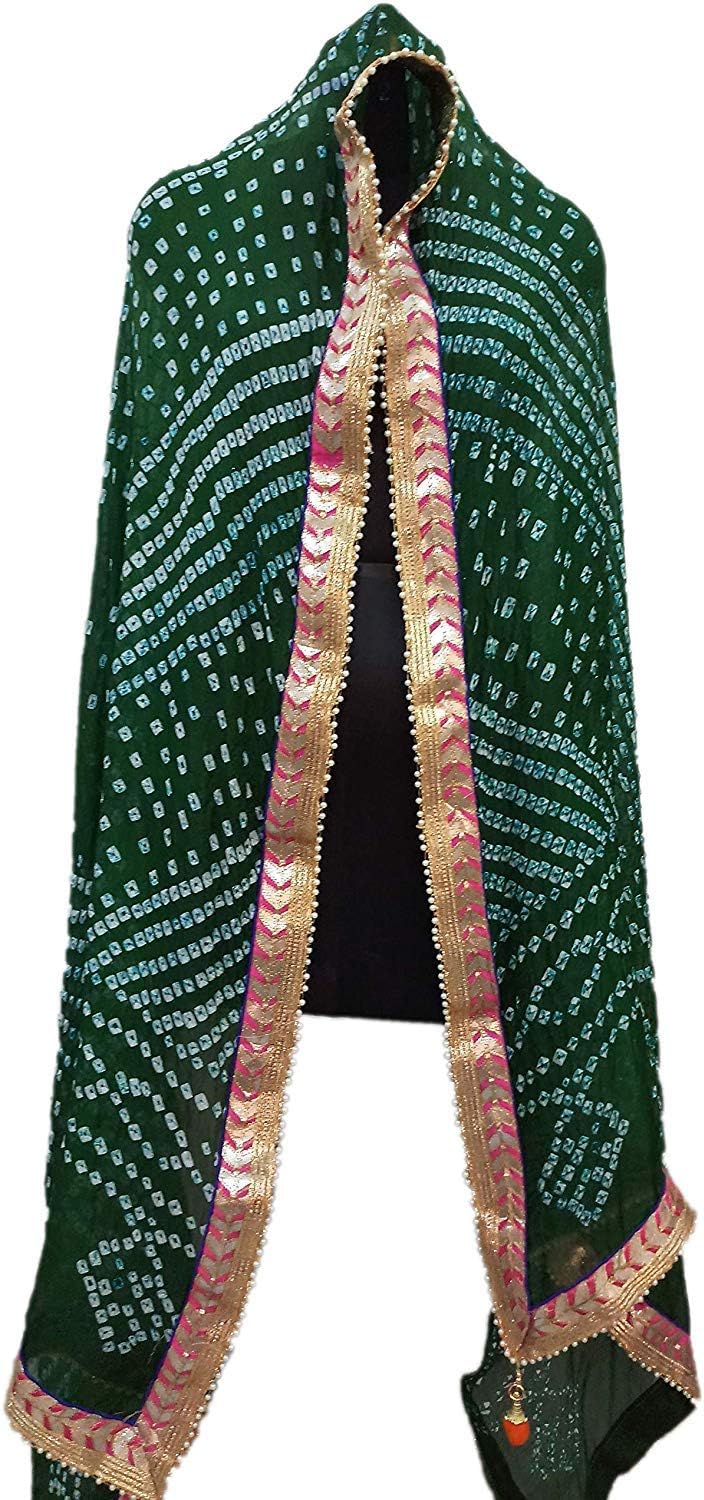 Kalpit Creations® Women's Jaipuri Rajasthani Silk Bandhani Bandhej Heavy Dupatta with Gota Work and latkan, dark-green, Free Size