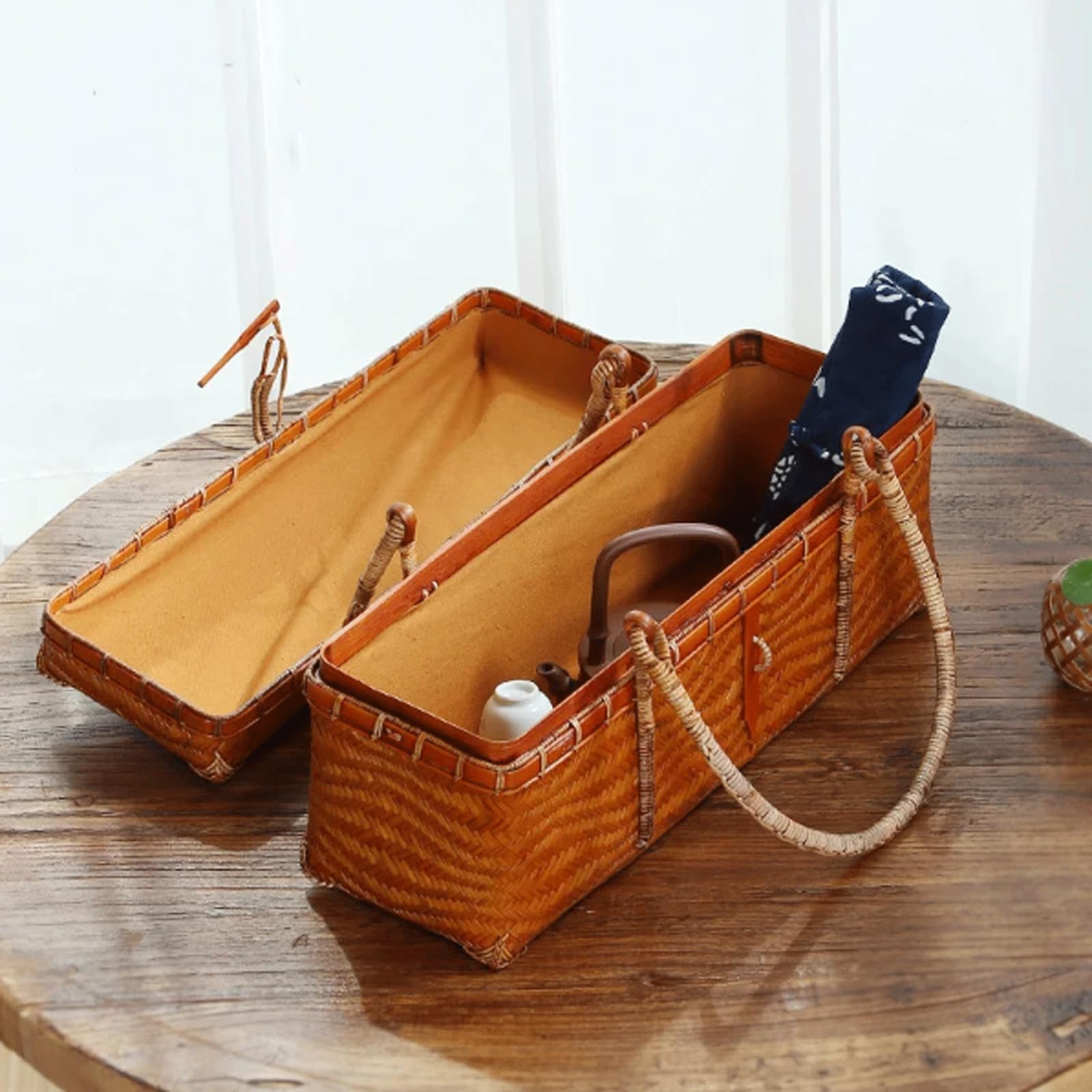Panier De Pique-Nique Rétro en Bambou Tissé, Boîte De Rangement pour Aliments, Panier De Pique-Nique De Très Grande Capacité pour Les Pique-Niques Et Les Voyage，A-Large