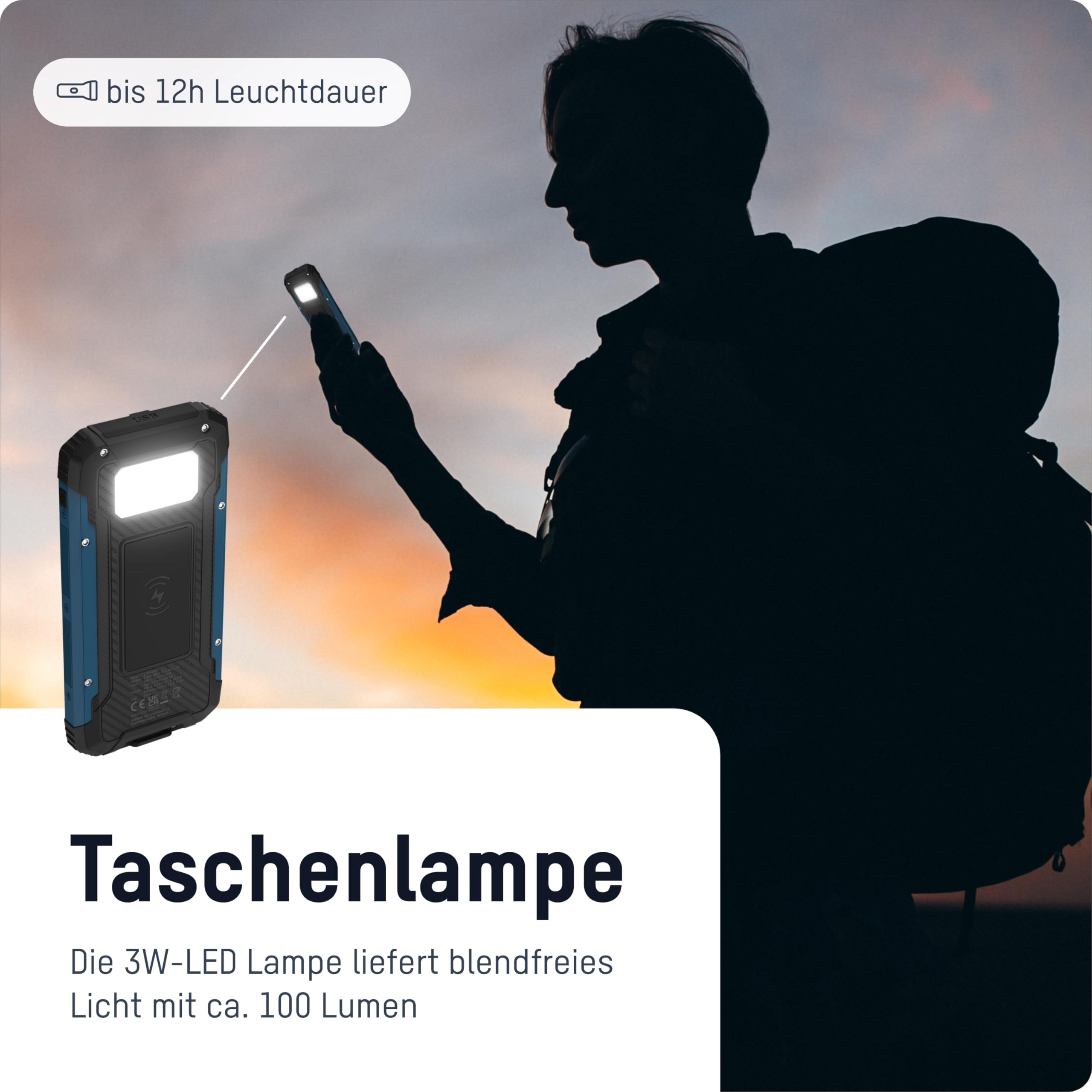ANSMANN Solar Powerbank 10000 mAh, Outdoor Ladegerät Wireless, mit Solarpanel & Taschenlampe, 2 USB-A Ausgänge, USB-C Eingang, Smartphones, Tablets & mehr