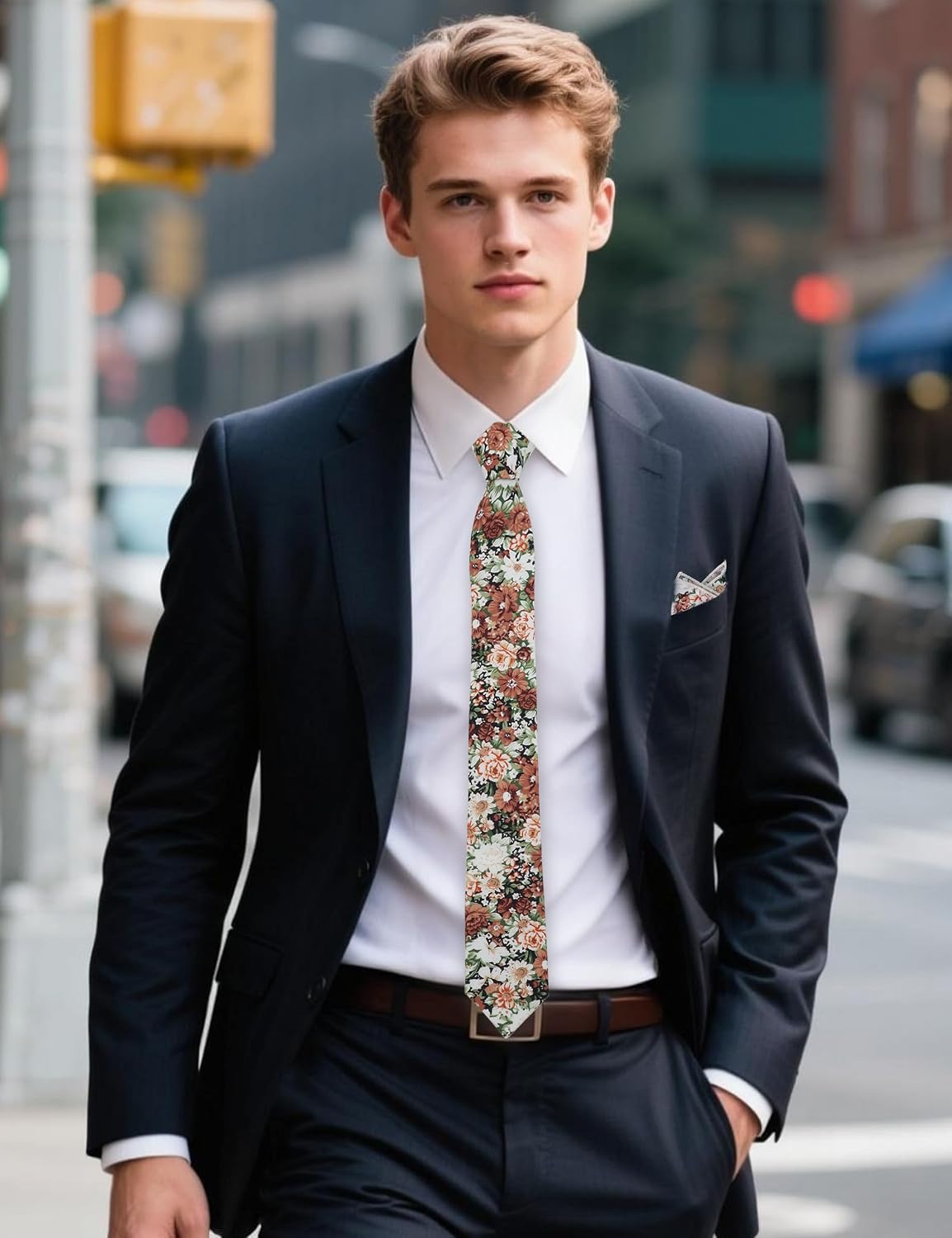 Luckyvestir Floral Tie Sets for Men Cotton Flower Necktie with Pocket Square Formal Wedding Party Dinner